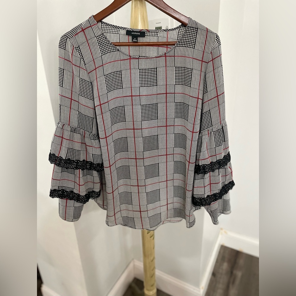 Black white and red dressy blouse